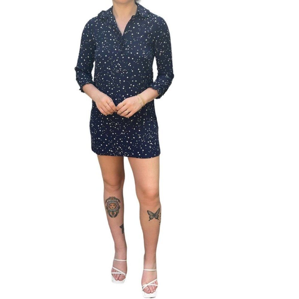Kate Spade Womens Silk Navy Blue Star 3/4 Sleeve Ruffle Mini Dress Sz XS - Picture 4 of 11